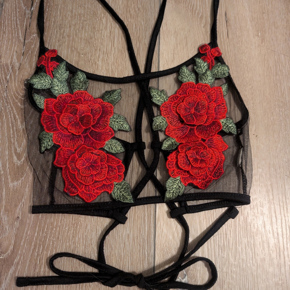 Floral Embroidered Sheer Bralette - Black and Red